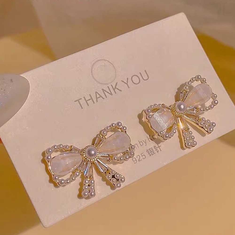 4/$20 14K Crystal Pearl Bow Stud Earrings